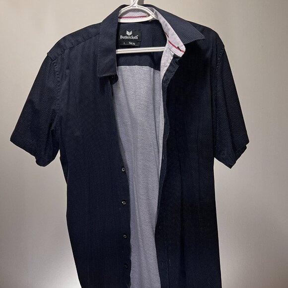 Buttercloth Men's Short Sleeve Shirt Navy Micro Dot Stretch L Tall FLAW - Picture 2 of 7